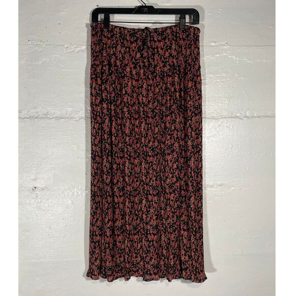VTG Sag Harbor Maxi Skirt Black Red Orange Ditsy Floral Pleated Drawstring S - Picture 2 of 10